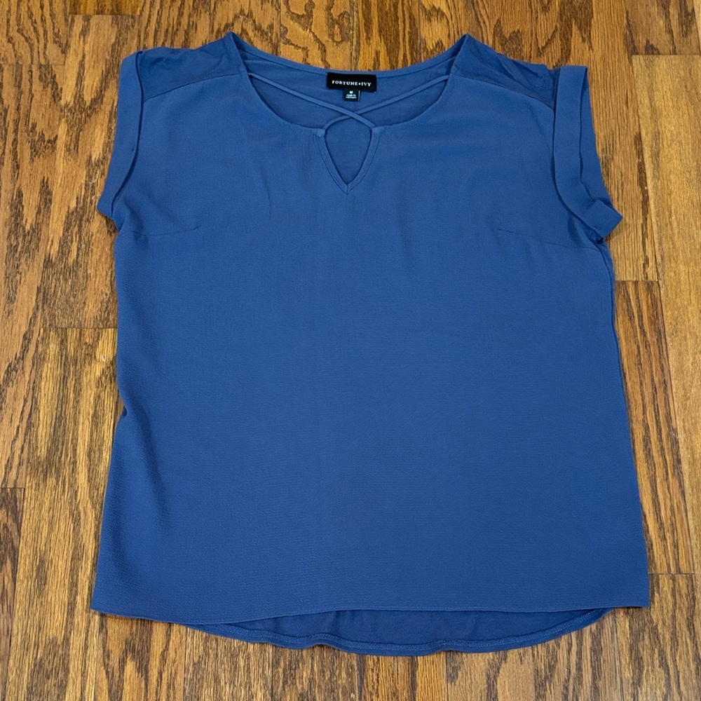 Women's, Fortune +Ivy, Carna Mixed Material Blouse, Blue, Size M